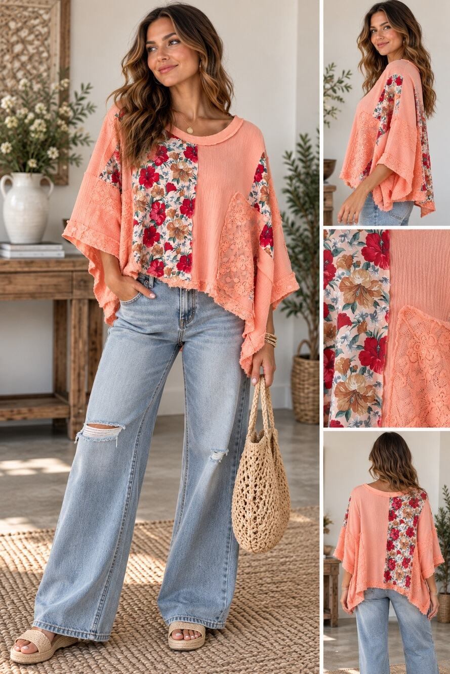 POL Peach Oversized Floral Patchwork Pattern Top Echo Boho 100% Cotton Sz Large